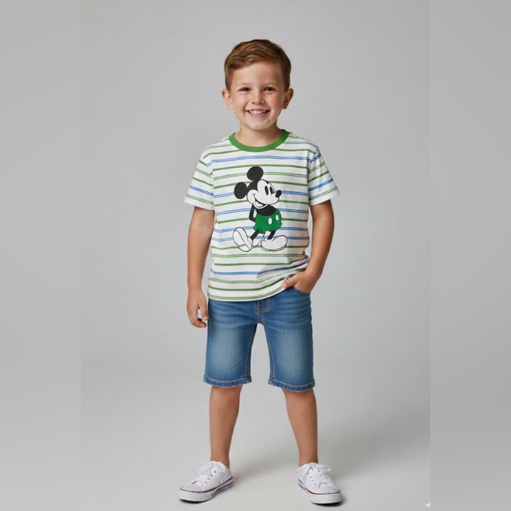 Disney Mickey Mouse Striped Green and White Tee